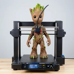 giant 3 d printer and groot, ender 3 pro, focus on 3 d printer, sharp focus, no humans