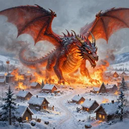 a stunning concept artwork of a dragon burning down a village in the snow, painting 4K artstation