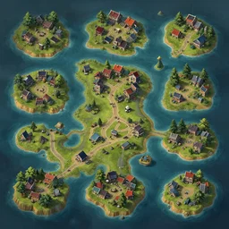 ultra realistic illustration, villages on tiny islands, levels map, casual game map, mobile 2 d game map, 2 d background, matte painting, hyper detailed photo realism by greg rutkowski, rich contrast of colors, 1 0 0 mega pixels, league of legends artwork