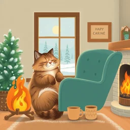 illustration of a fuzzy cat sitting upright asleep in an armchair with a cup of coffee in front of a fireplace with a winter scene outside a window