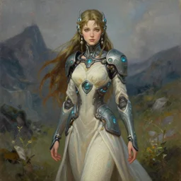 celtic scifi druid of the highlands, wearing a lovely dress with cyberpunk details. this oil painting by the award - winning mangaka has an interesting color scheme and impeccable lighting.