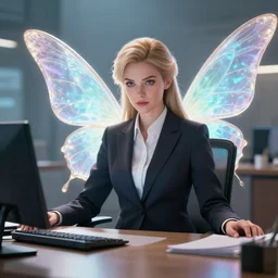 epic professional digital art of a fairy in a professional business suit, sitting at her desk,, best on artstation, cgsociety, wlop, Behance, pixiv, astonishing, impressive, outstanding, epic, cinematic, stunning, gorgeous, breathtaking fantasy art, masterpiece.