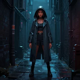 a woman in a raincoat standing in a dark alley, cyberpunk art by vincent lefevre, featured on cgsociety, afrofuturism, darksynth, 2 d game art, behance hd