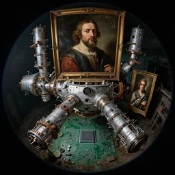 fisheye photo of abandoned spacestation on by hieronymus bosch and beksinski, motherboard chip circuit, baroque portrait painting, detailed octane render trending on artstation artgerm, 8 k artistic photography, volumetric cinematic perfect light, chiaroscuro, masterpiece, raphael, caravaggio, beksinski, rutkowski, giger