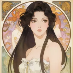 youthful maggie cheung, goth, cute, pastel, anime, smooth, feminine, extra sharp, fashionable, hd, by alphonse mucha, by yoshitaka amano