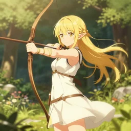 isekai cute anime girl elven archer. in a garden. aesthetic, golden ratio. beautiful lineart, depth focus, rankings pixiv, artstation, chromatic aberration, soft lighting, srgb, 4 k artstation, hdr, cinematic, motion blur, marmoset, blender 3 d, by dave greco, kienan lafferty