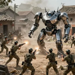 Ragtag militia fighting advanced humanoid combat robots in a village, combat photography by Feng Zhu, highly detailed, excellent composition, cinematic concept art, dramatic lighting, trending on ArtStation