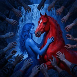 only with blue, ney motogrosso in love with a red stallion, too many hands in all directions, in hoc signo vinces, waterfall, in the style of leonora carrington, gottfried helnwein, raqib shaw, chiaroscuro intricate composition, blue light by caravaggio, insanely quality, highly detailed, masterpiece, red light, artstation