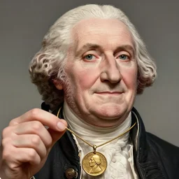 a closeup photorealistic illustration of a happy George Washington holding wearing a necklace. A small gold Doubloon coin hangs from the necklace. This 4K HD image is Trending on Artstation, featured on Behance, well-rendered, extra crisp, features intricate detail and the style of Unreal Engine.