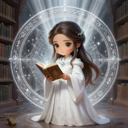 a portrait of girl scholar in white robes, magic book library, magic circle, silver magic, god rays, fantasy, dungeons and dragons, an ultrafine detailed painting, chibi, detailed painting, boris valejo. octopath traveler decal!!!