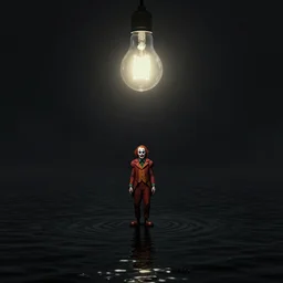 matte painting of a clown alone under a light bulb, black water lake, artstation, surreal, dark space, claustrophobic, liminal space, by rembrandt, chiaroscuro.