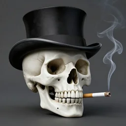 skull wearing top hat smiling and smoking cigarette in style of mc escher
