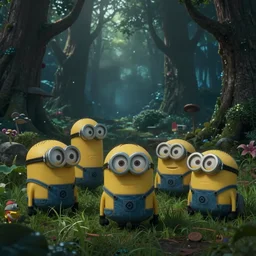minions in the stranger things upside down world, realistic, photography, award winning, 8 k, wide shot, still frame from the princess mononoke film, in the woods at night, overgrown grass, dramatic, animals, gloomy, volumetric light, ground mist, cinematic, filmic,