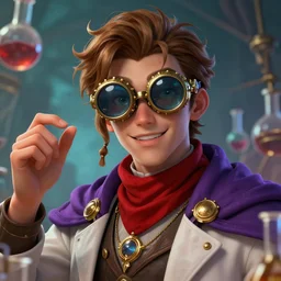 a ( man personified as a chemist ), beauty portrait, fantasy chemistry, steampunk goggles, red scarf, purple cape, gold jewelry, digital art by krenz cushart, laurie greasly, wlop, artgerm, intricate, highly detailed, sharp focus, smooth, epic composition, joyful, unreal engine