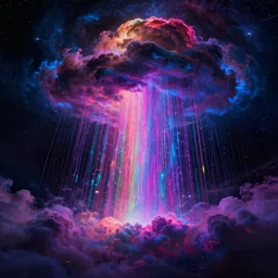 neon multicolored rain falling from cosmic clouds in interstellar deep space atmosphere, cinematic, ultra detailed, majestic, intricate, by android james, ilya kuvshinov, martine johanna,
