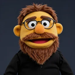 a muppet that has a long brown goatee and handlebar mustache, the muppet wears glasses and has short brown hair, photograph
