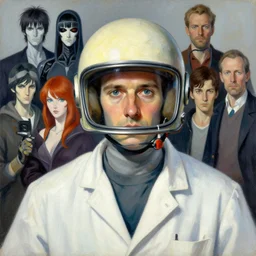 Portrait of a Scientist with helmet,  very coherent, painted by Edward Hopper, Wayne Barlowe, painted by James Gilleard, airbrush,  art by JamesJean and Ilya Kuvshinov katsuhiro otomo ghost-in-the-shell, magali villeneuve, artgerm, Jeremy Lipkin and Michael Garmash and Rob Rey