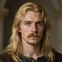 half - length portrait of a 1 8 - year - old human male noble with long blonde hair and green eyes, mustache, no beard, medieval setting, detailed face, highly detailed, artstation, concept art, sharp focus, by greg rutkowski, craig mullins, artgerm