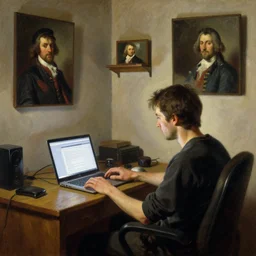 some guy sitting in his small room looking at his computer screen laptop desktop. brad rigney jamie wyeth greg rutkowski winslow homer thomas eakins lucian freud edward hopper j. m. w. turner edgar degas giorgio de chirico oil painting