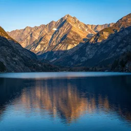 highly detailed realistic photo of calm lake, sunlit mountains in background, vibrant cool colors, award winning masterpiece photo, hyper realistic, concept art, 8 k detail post - processing