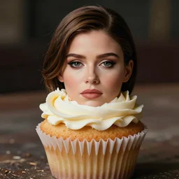a cup cake with vanilla frosting in the shape of the face of kate mara, 4 k, hyperdetailed, photorealism
