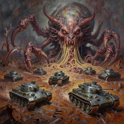 oil painting nightmare macerated future mollusk demons run army tanks metal noodle terrorizing army clawed chaos landscape fecund afraid of demon barbed footprints treads hooped around destroyed rust landscape in primoridal slimes dropping into in terrifying necrotized skins, cinematic, fine art, ornate masterpiece, by vincent di fate and by alex nino