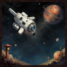 a crashed spacecraft on a strange alien planet, from a space themed point and click 2 d graphic adventure game, set design by h. g. wells, art inspired by thomas kinkade