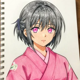 woman ; ashy hair ; pink eyes ; bright colours ; idol ; tan skin ; wearing kimono ; drawn by mengo yokoyari ; digital art ; high detail ; trending on artstation ; anime key visual
