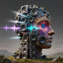 a highly detailed landscape of recursive speakers forming a 3 d head. a head made of speakers. polyphonic ecstacy. frequency, cymatics, oscilloscope, vibrations, pulse projections. ornate, hyperrealistic, octane render, chiaroscuro, inspired by greg rutkowski, android jones, beeple, rhads, shaun tan, frostbite 3 rendered
