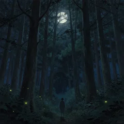 a night time dark forest of extremely very tall trees, wispy leaves, moonlit night, fireflies, by asher brown durand, by iyoshitaka amano