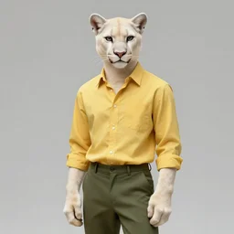 beautiful portrait commission of a male furry anthro albino mountain lion wearing a yellow button-down shirt, olive green slacks in a Old-timey saloon. Atmospheric. Renowned character illustration by greg rutkowski, thomas kindkade, alphonse mucha, loish, norman rockwell. detailed, inked, western comic book art