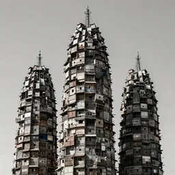 giant towers made up of makeshift squatter shacks, mamiya, uniform plain sky, fine details, minimalist, photographed by frans lanting