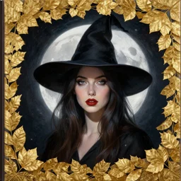 golden leaves at frame border, creative composition for a book cover, moon shine, beautiful portrait painting by jeremy mann, a female witch absurdly beautiful, ultrafine hyperrealistic detailed face by wlop and artgerm and greg rutkowski, intricate linework, sharp focus, smooth, octopath traveler, final fantasy, unreal engine, dramatic lighting, ethereal, 8 k