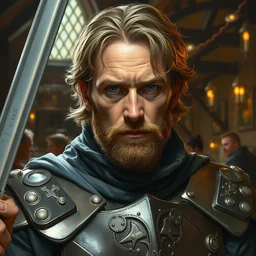 ewan mcgregor as a dnd knight in a fantasy tavern, closeup portrait, by donato giancola, symmetry!!