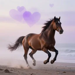 epic professional digital art of   Horse running on misty beach in morning , faint Purple Hearts floating in sky, best on artstation, cgsociety, wlop, Behance, pixiv, astonishing, impressive, cosmic, outstanding epic, stunning, gorgeous, much detail, much wow, masterpiece.