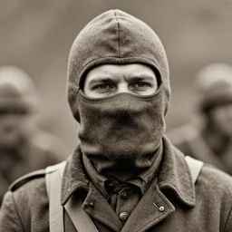 a man at distance wearing hooded mask covering his entire face, ww1 film photo, grainy, high detail, high resolution