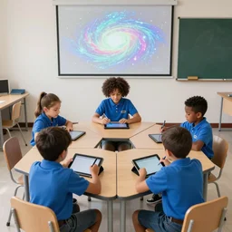 a classroom with wall screen projecting universe, and 4 triangle shaped student desks form a team table for three teams of kids in different ethnic background wearing uniform in blue, all of them working on digital tablet with digital pen