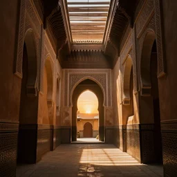 ancient moroccan architecture alleyway, skylights, light shafts, hyperrealistic, cinematic lighting, highly detailed and intricate, sunset, cinematic, atmospheric, octane render
