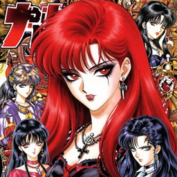 highly detailed professional portrait of 9 0 s seinen manga art of badass goth woman with red hair, black makeup, and red eyes. chunibyo. manga cover promotional art. detailed and intricate environment. drawn by ilya kuvshinov and painted by zdzislaw beksinski