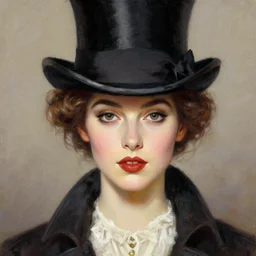 a fancy woman, top hat, symmetrical features, digital painting, masterpiece, thomas kinkade, tite kubo, gorgeous, beautiful, intricate detail, brush strokes