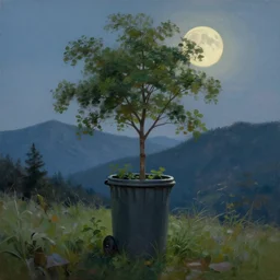 low angle shot of a tree growing inside a trashcan in the foreground. overgrown. soft moon - lit over the mountains in the background. highly detailed, cinematic, beautiful, cgsociety, artstation, oil painting by greg rutkowski, by artgerm, by wlop