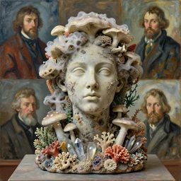 a sculpture portrait made of smoke mushrooms and coral reefs and crystals and plants, painting part by wojciech siudmak, part by ilya repin, part by max ernst, part by norman rockwell, artstation