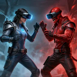 fight between good and evil in virtual reality, detailed digital art by greg rutkowski.