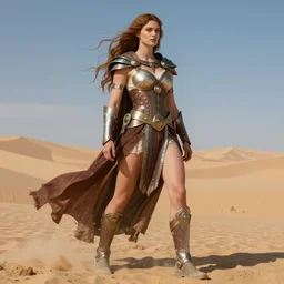 Sharon tate as an amazonian warrior posing in a a desert, realistic face, full body, fantasy art, in the style of greg rutkowski, illustration, epic, fantasy, intricate, hyper detailed, artstation, concept art, smooth, sharp focus, ray tracing, vibrant