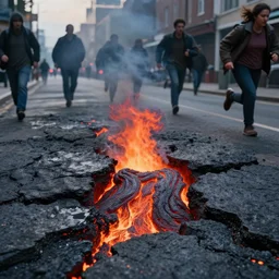 lava coming out of cracks in the street, people running, cinematic, photorealistic