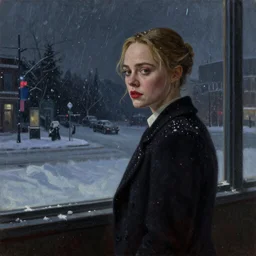 Elle Fanning in The Godfather Part 2! in the world of Edward Hopper, stormy snowy weather, extremely detailed masterpiece, oil on canvas, low-key neon lighting, artstation, Blade Runner 2049, Roger Deakin’s cinematography, by J. C. Leyendecker and Peter Paul Rubens,