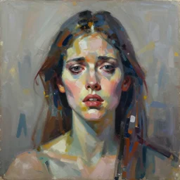 paint an original fearful abstract expressionism masterpiece portrait of a human female, in the style of sd ai, digital art, muted textured colors