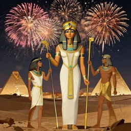 an oil panting of cleopatra with her boyfiriend in egypt with fireworks