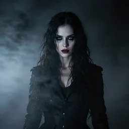 masterpiece portrait of a female Edward Scissor hands, eerie fog, dramatic lighting, dark background, 8k
