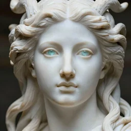 female medusa long hair, marble statue, beautiful delicate face, macro shot head, light sapphire eyes